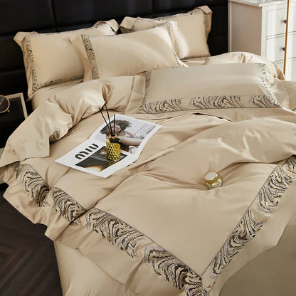 Decobites Zebra Print Embroidery Bedding Set 800TC Egyptian Cotton Grey Orange, Duvet Cover Flat Sheet Pillowcases