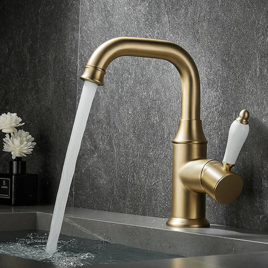 DecorBites™ Brushed Gold Basin Faucet Deck Mounted Sink Tap Hot Cold Chrome Brass