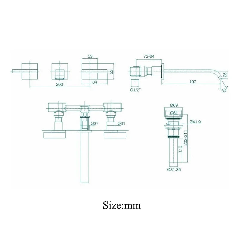 DecorBites™ Black Brass Wall Mounted Bathroom Basin Faucet with Dual Handles