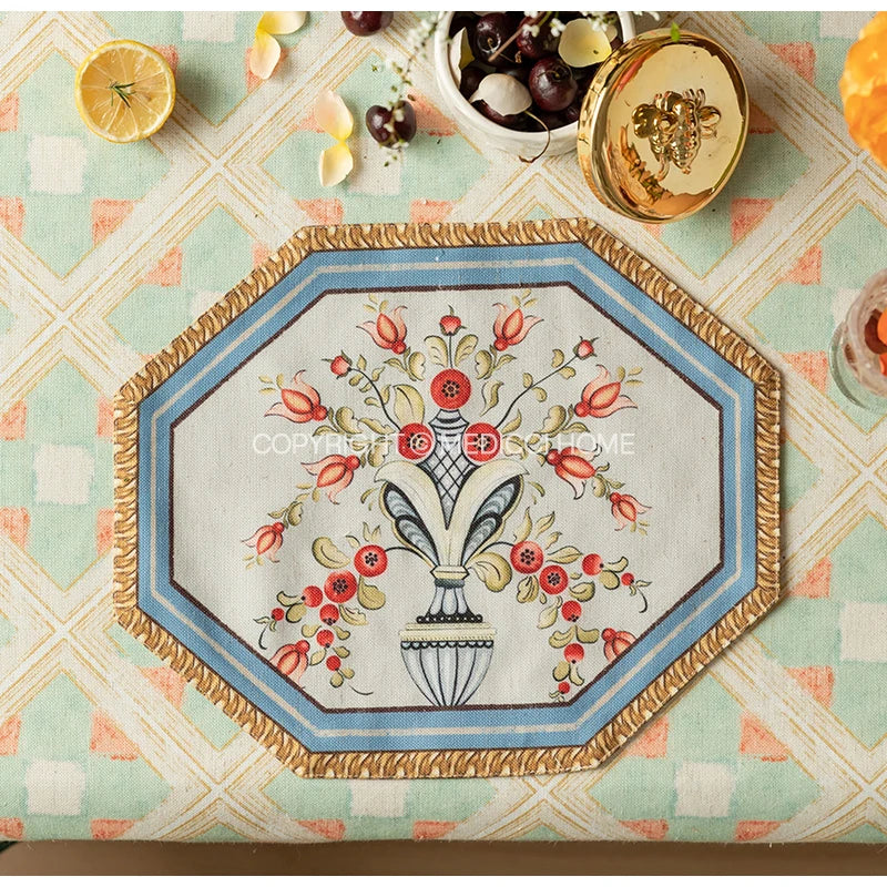 DecorBites™ Baroque Flowers Fringe Placemat Set- Luxury Cotton Linen Retro Hexagon Table Mats