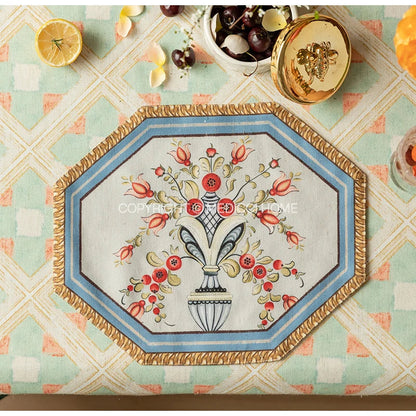 DecorBites™ Baroque Flowers Fringe Placemat Set- Luxury Cotton Linen Retro Hexagon Table Mats