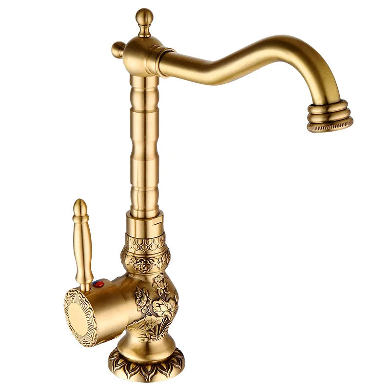 DecorBites™ Brass Carved Bathroom Faucet, Single Handle Hot & Cold Water Mixer Tap