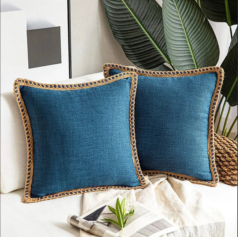 Decorbites™ Hanfseil-Rand Lotusblatt-Umarmung Kissenbezug - Mittel Baumwolle Leinen Polsterhülle