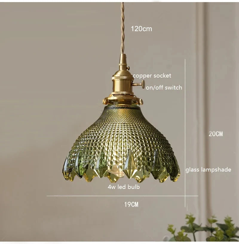 Korean Retro Glass Pendant Light With Wood Accent