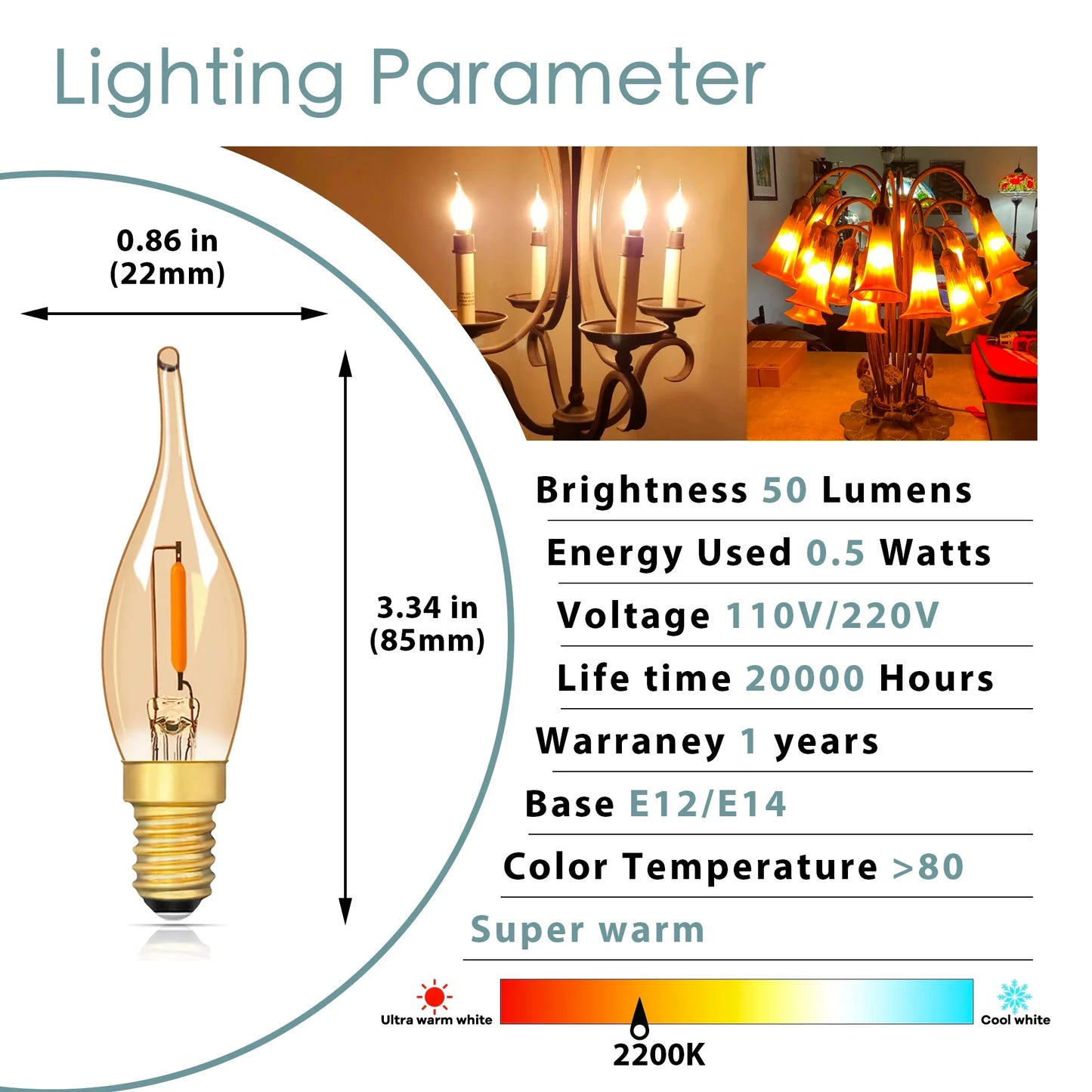 مصباح شمعة LED زجاجي كهرماني من DecorBites™، 2200 كلفن، طراز C22TG، شمعدان للديكور الليلي، E12 E14
