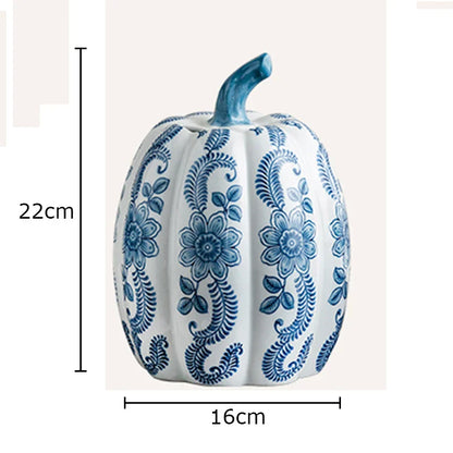 DecorBites™ Blue White Porcelain Pumpkin Vase Desk Decoration Artificial Flowers Bouquet