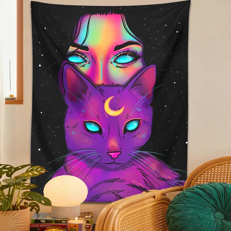 Psychedelic Cat Tapestry Wall Hanging for Bohemian Home Decor by Decobites