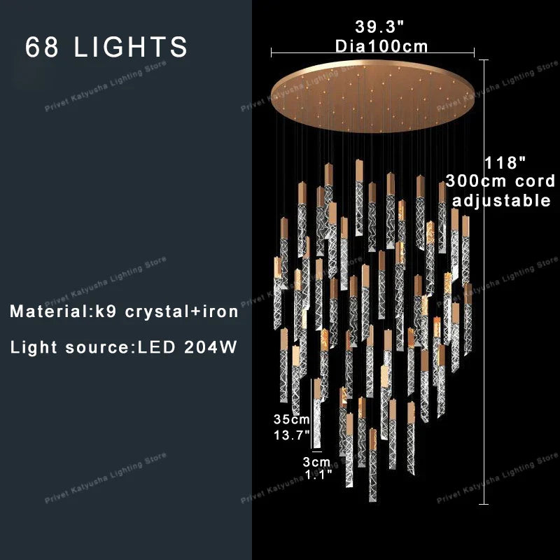 Lámpara de araña circular de cristal DecorBites™ para escalera, ideal para la decoración del vestíbulo de una villa o dúplex.