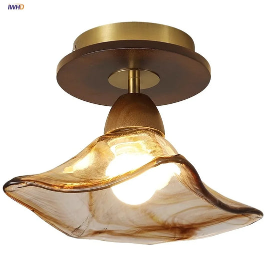 DecorBites™ Amber Glass LED Ceiling Light - Japan Style Vintage Wood Luminaires