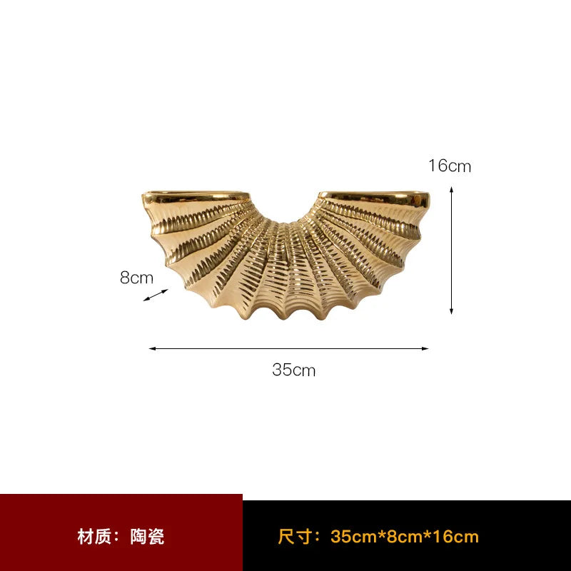 DecorBites™ Golden Shell Ceramic Vase | Geometric Design | Living Room Decoration