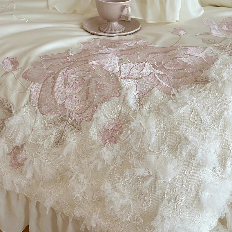 Decobites Luxury Princess Wedding Bedding Set with Flowers Embroidery & Lace Ruffles