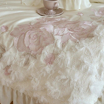 Decobites Luxury Princess Wedding Bedding Set with Flowers Embroidery & Lace Ruffles