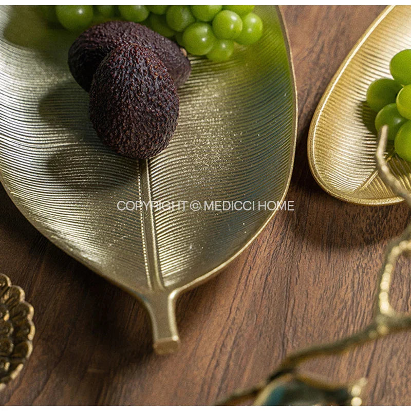 DecorBites™ Leaf Shape Gold Paint Wooden Tray 14.5x40cm - Modern Decorative Tableware