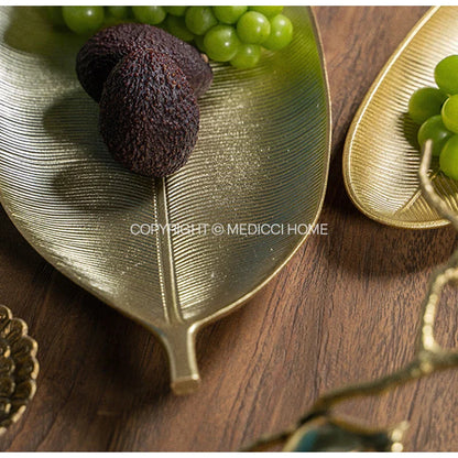 DecorBites™ Leaf Shape Gold Paint Wooden Tray 14.5x40cm - Modern Decorative Tableware