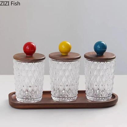 Decorbites™ Bunte Keramik-Kugeln-Glasdose mit Walnussholzdeckel für die Aufbewahrung von Ohrringen & Schmuck