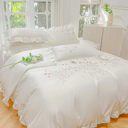 Decobites Ice Silk Embroidered Ruffles Duvet Set with Cool & Skin-Friendly Feel