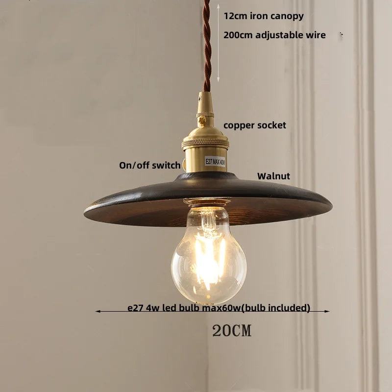 DecorBites™ LED Pendant Lamp: Japan Style, Copper Socket, Walnut Wood, Adjustable Hanging Light