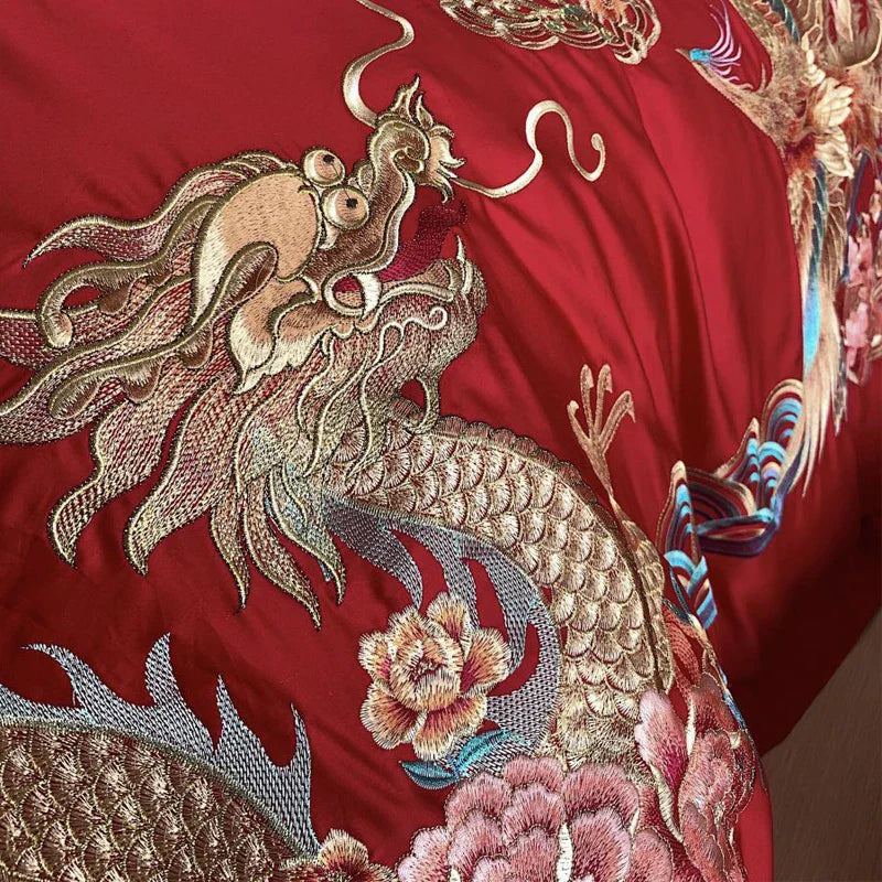 Juego de cama DecorBites™ Gold Loong Phoenix bordado, tamaño Queen, lujoso juego de 4 piezas con acabado cepillado.