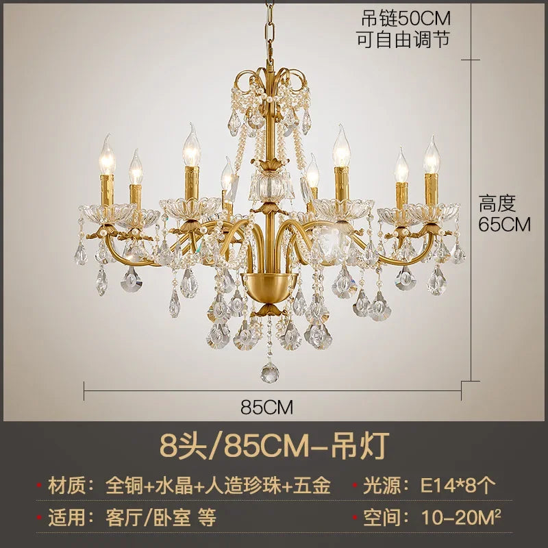 DecorBites™ Gold Brass Crystal Chandelier for Living Dining Bedroom, Retro Candle Lights Pendant Lamps