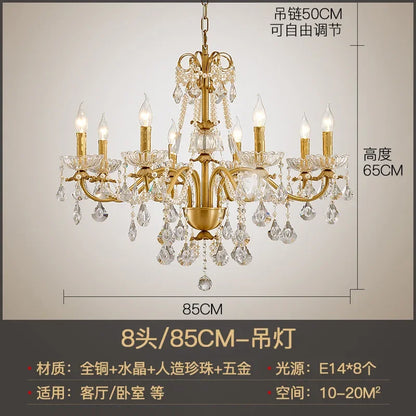 DecorBites™ Gold Brass Crystal Chandelier for Living Dining Bedroom, Retro Candle Lights Pendant Lamps