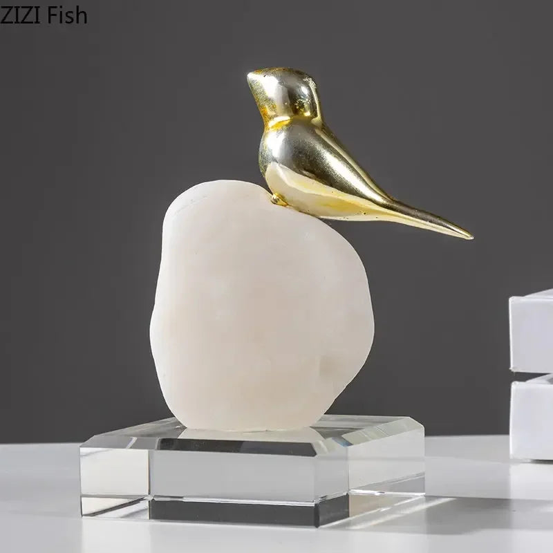 DecorBites™ Golden Bird Statue Crystal Base Desk Ornament, Gold-plated Modern Home Decoration