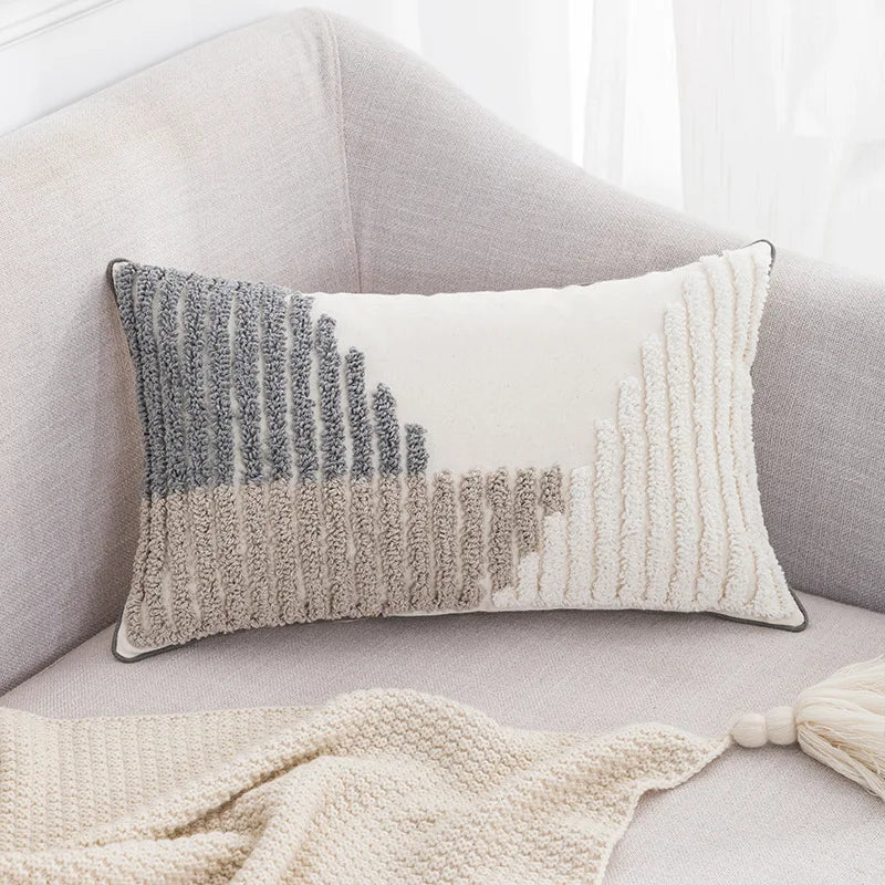 Funda de cojín DecorBites™ Boho con mechones y bordados en lona de algodón, gris y beige con borlas