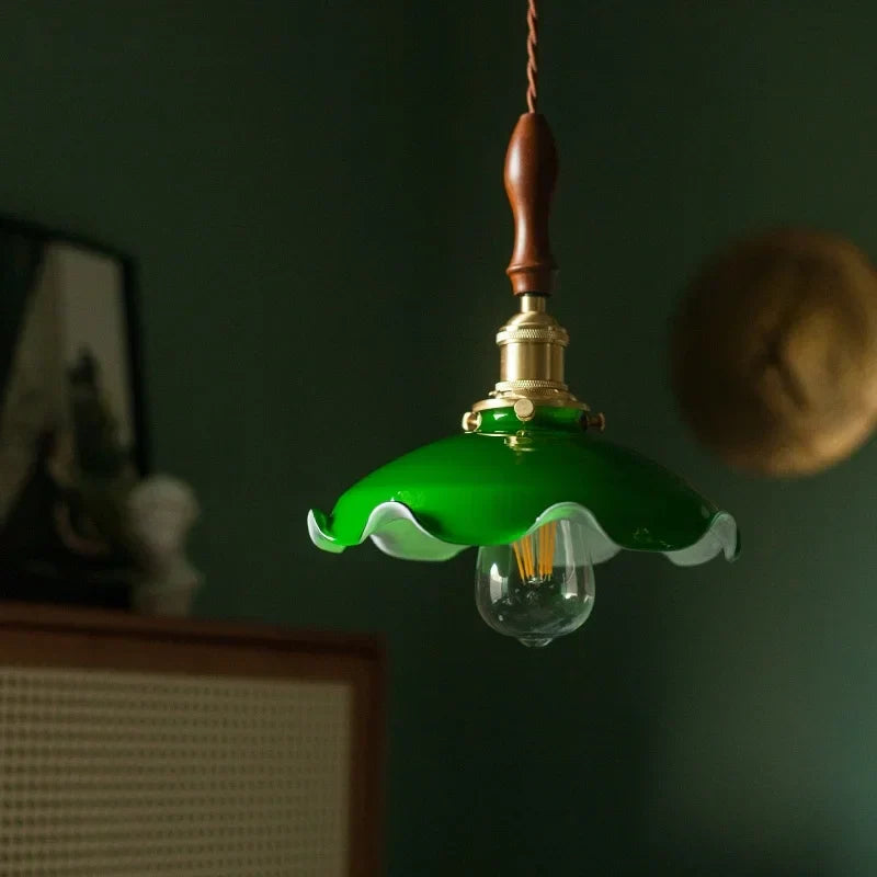 Green Glass Pendant Lamp Copper Base LED Included