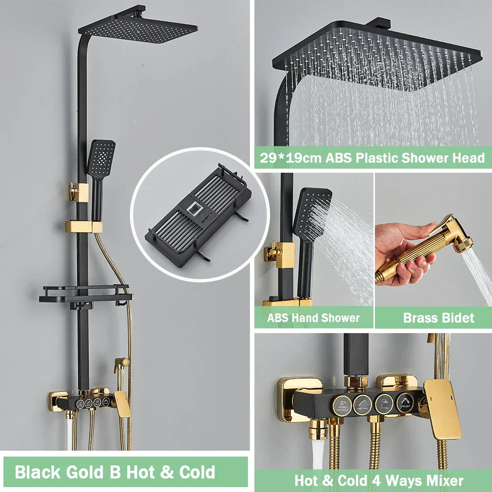 DecorBites™ Gold Thermostatic Shower Faucet Set: Smart Digital Mixer, Wall Mounted Rainfall System