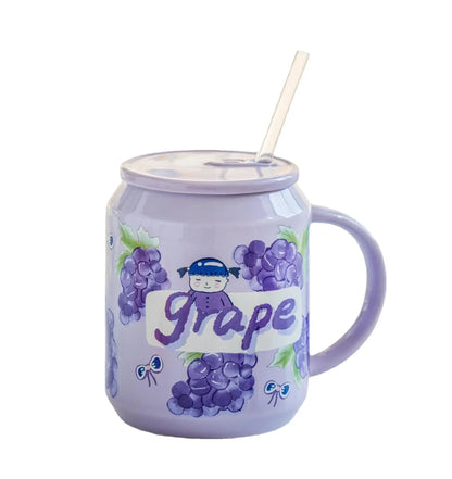 Taza de cerámica DecorBites™ con forma de fruta, tapa y pajita, diseño de estilo coreano.