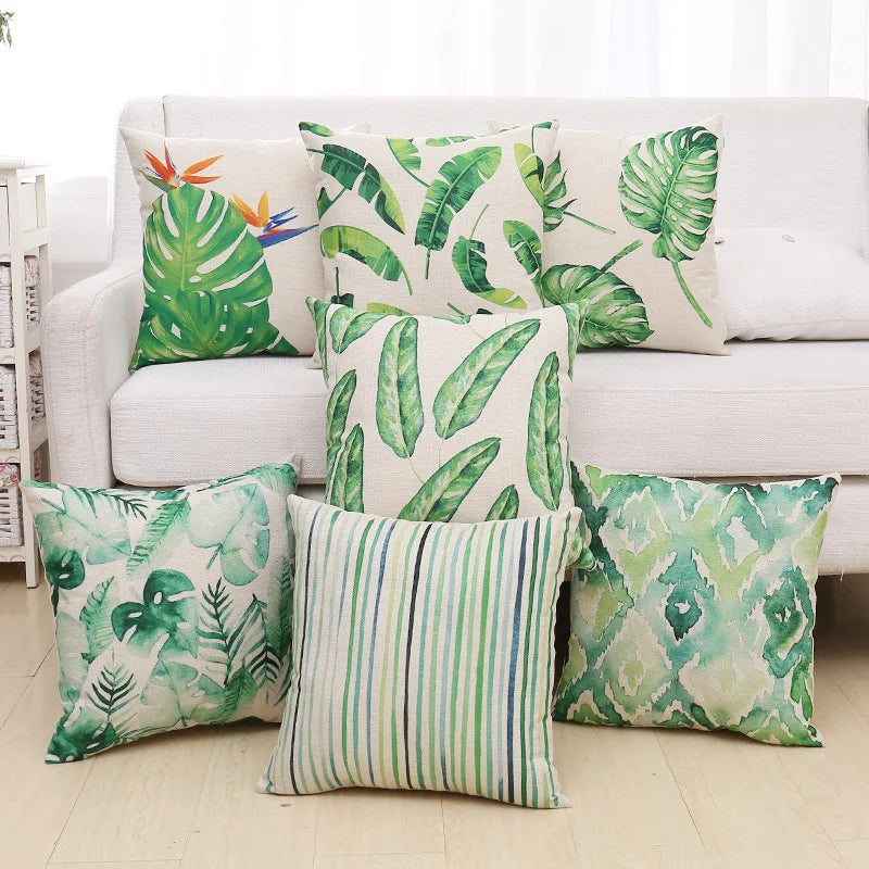 DecorBites™ Green Plant Leaves Flower Linen Cushion Cover - Modern Sofa Throw Pillow Cover