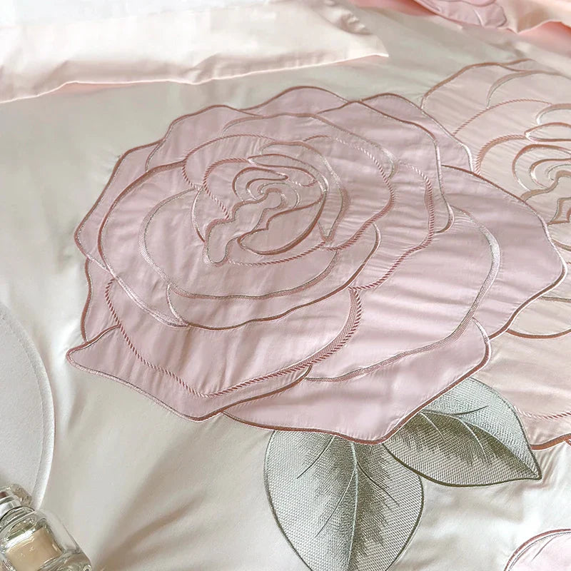 Decobites Pink Rose Applique Cotton Embroidery Bedding Set 500TC Soft Skin-friendly Duvet Cover