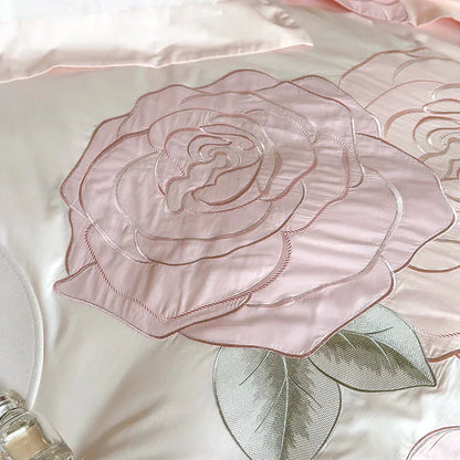 Decobites Pink Rose Applique Cotton Embroidery Bedding Set 500TC Soft Skin-friendly Duvet Cover