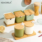 Conjunto de tarros de condimentos de cerámica retro japonesa Decorbites™ con bandeja - Organizador de cocina de 3 piezas