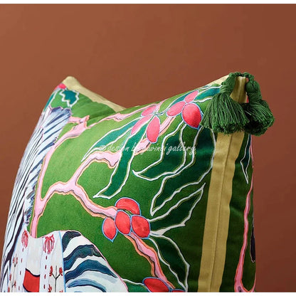 DecorBites™ Chinoiserie Zebra & Peonies Cushion Cover with Tassels