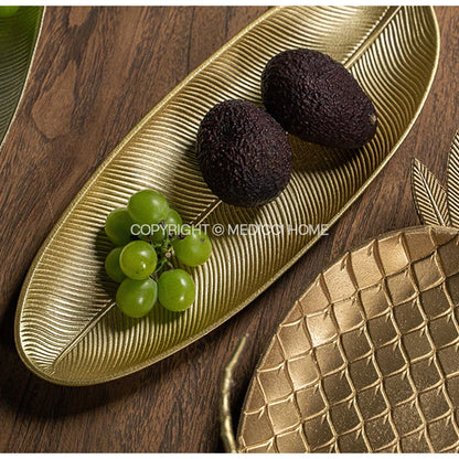 DecorBites™ Leaf Shape Gold Paint Wooden Tray 14.5x40cm - Modern Decorative Tableware