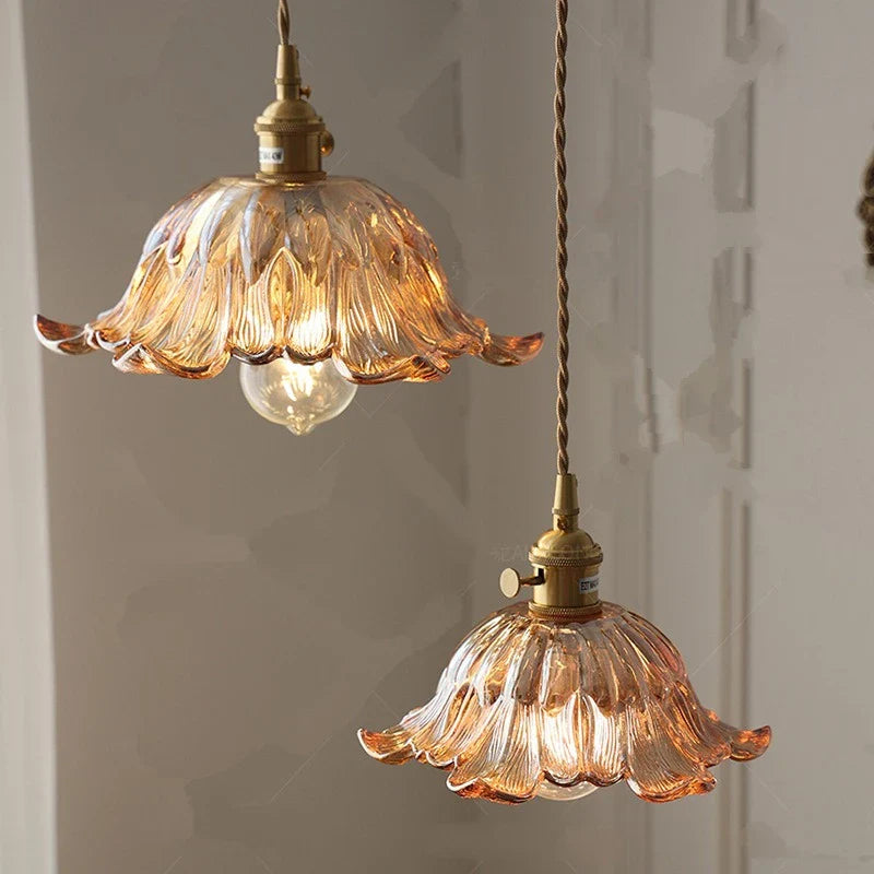 Nordic Flower Glass Pendant Light in Green or Champagne