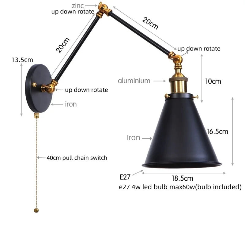 Lámpara de pared LED DecorBites™ de brazo largo con interruptor de cadena para baño de hotel o hogar