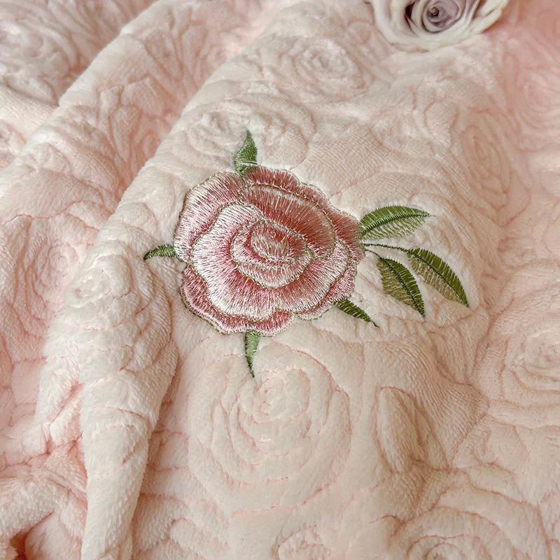 Decobites Pink Winter Milk Velvet Floral Ruffles Bedding Set