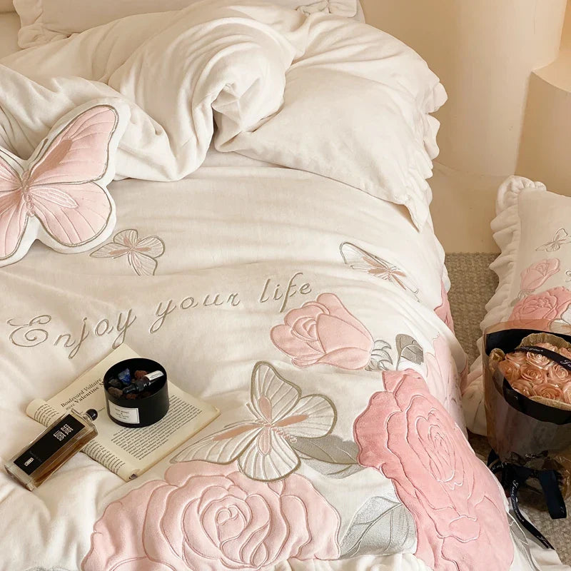 DecorBites™ Lace Ruffles Princess Duvet Set, Butterfly Flowers Embroidery, Cozy Bedding with Bed Sheet & Pillowcases