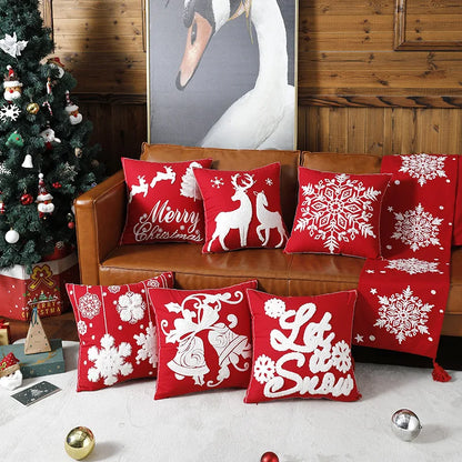 DecorBites™ Christmas Embroidered Cotton Canvas Pillow Covers Snowflake Elk Decor