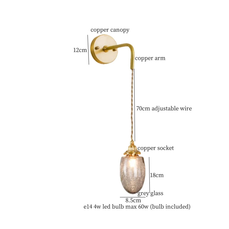 DecorBites™ Grey Glass LED Wall Lamp Bedroom Living Room Loft Modern Copper Wandlamp