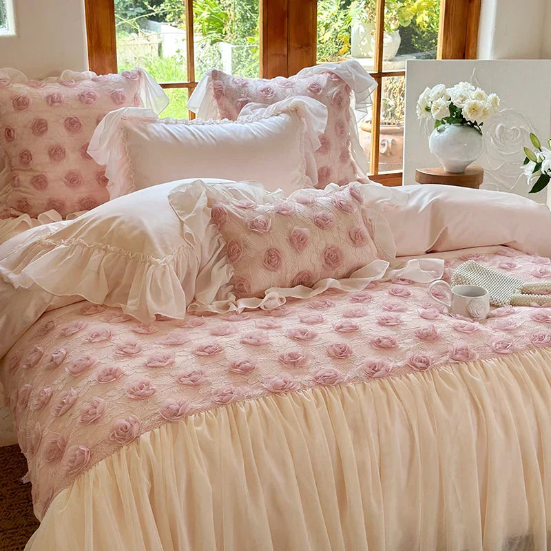 Decobites Pink Rose Flowers Lace Ruffles Princess Wedding Bedding Set