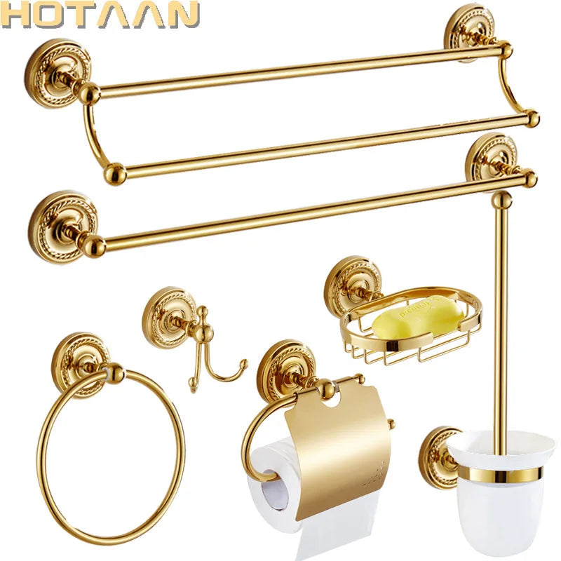 DecorBites™ Gold Brass Bathroom Accessories Set: Robe Hook, Paper Holder, Towel Bar, Towel Ring