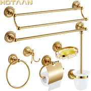 Conjunto de Accesorios para Baño de Latón Dorado Decorbites™: Gancho para Batas, Soporte para Papel, Barra para Toallas, Anillo para Toallas