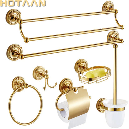 DecorBites™ Gold Brass Bathroom Accessories Set: Robe Hook, Paper Holder, Towel Bar, Towel Ring