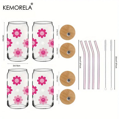 DecorBites™ 470ML Pink Smiling Flower Theme Beverage Glass - Set of 1/2/4