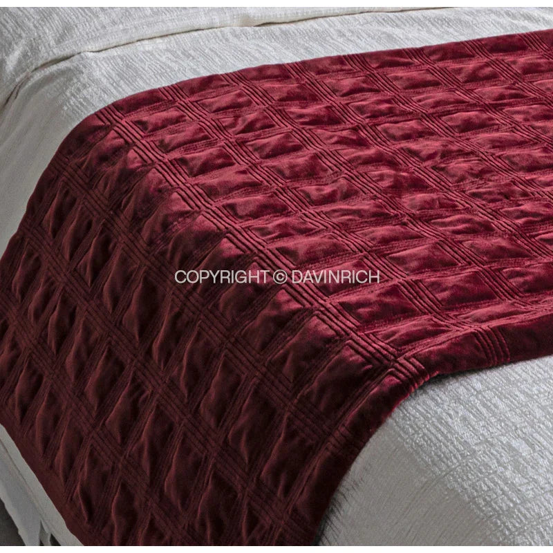DecorBites™ Burgundy Velvet Geometric Embroidered Bed Runner Luxury Bedroom Hotel Wedding