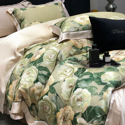 Decobites Rose Flowers Bamboo Fiber Bedding Set: Soft & Silky, 1 Duvet Cover, 2 Pillowcases, 1 Flat Sheet