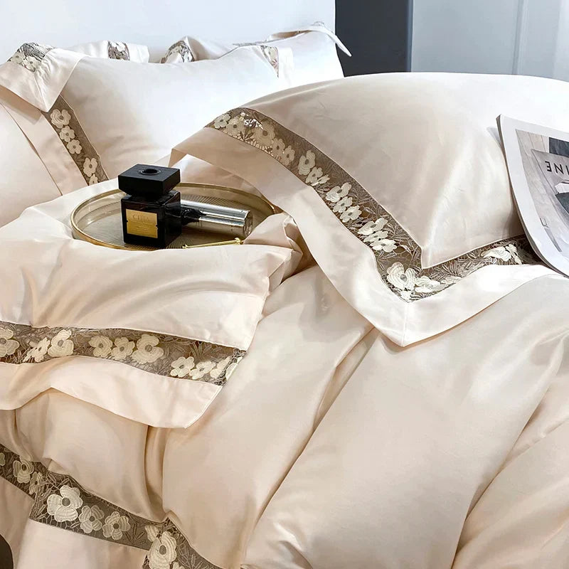 Decobites Luxury Egyptian Cotton Flowers Duvet Cover Set, Champagne Grey, Orange