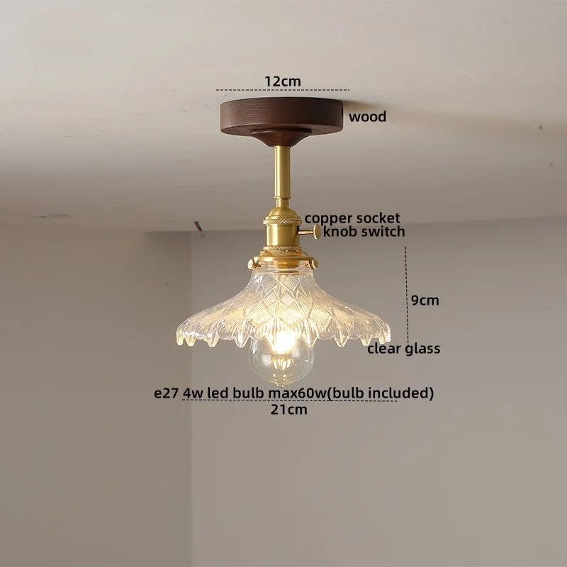 Green Glass Ceiling Lamp Copper Wood Accent